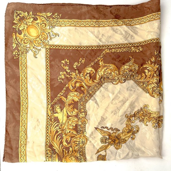 Silk Square Scarf Italy Brown Gold Cream Baroque - Picture 13 of 13